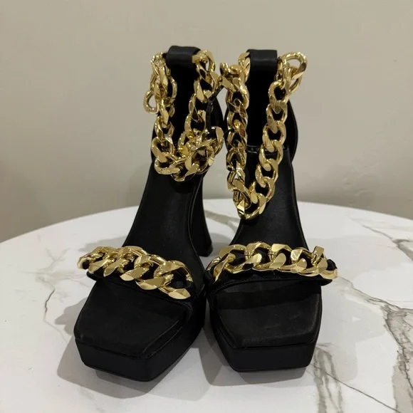 JEFFREY CAMPBELL Silverlake Ankle Strap Sandal - Black Satin Gold